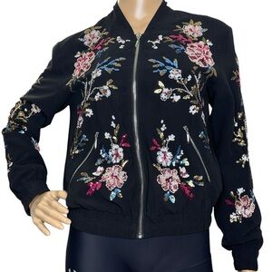WHBM Floral Sequin Flower Black Bomber Jacket XS